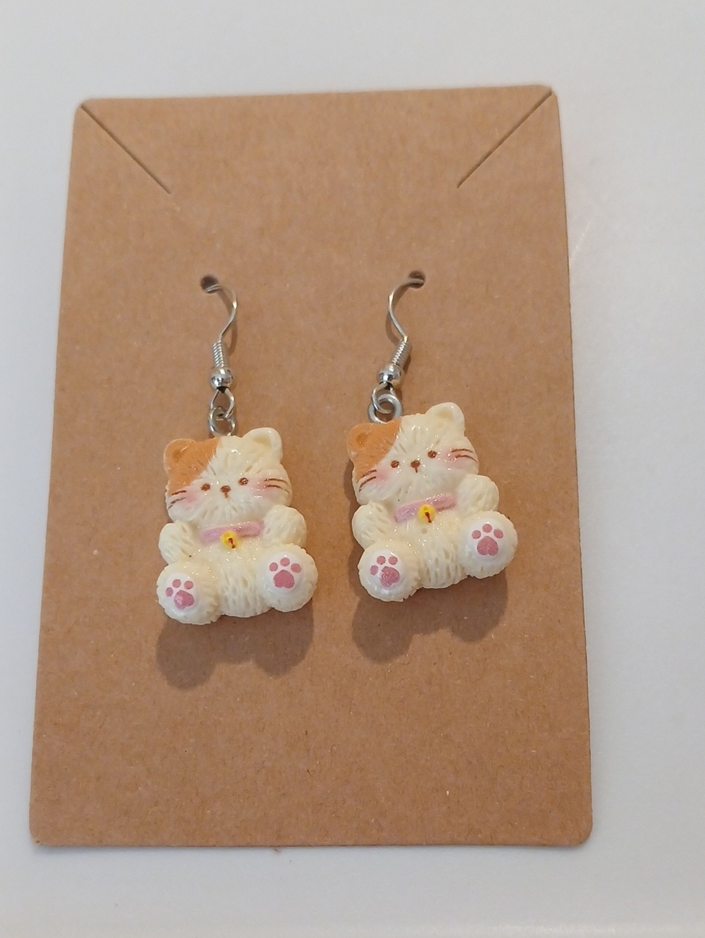 Fashion Jewelry Cream & Tan Cat Dangle Earrings with Pink Paw Accents